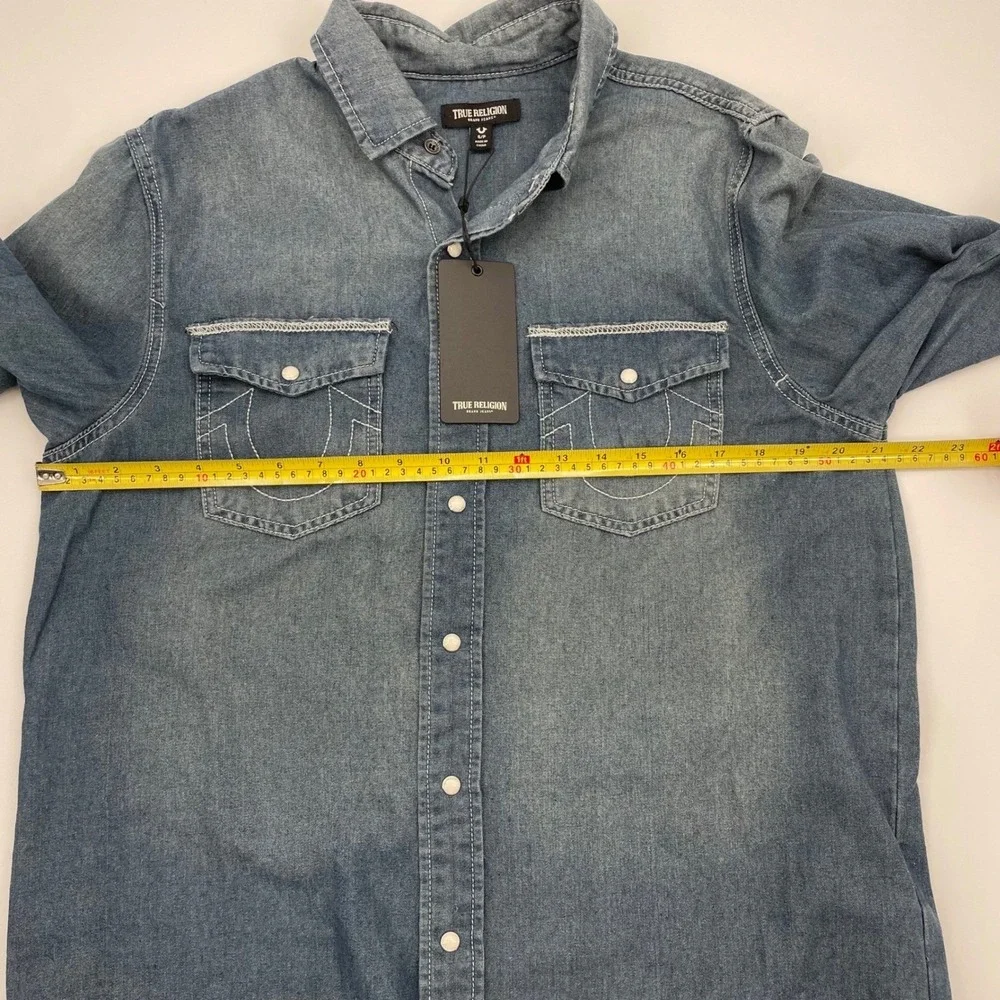 True Religion Mens Chambray Western Snap Shirt Buddha Logo Blue 700701 Small NWT